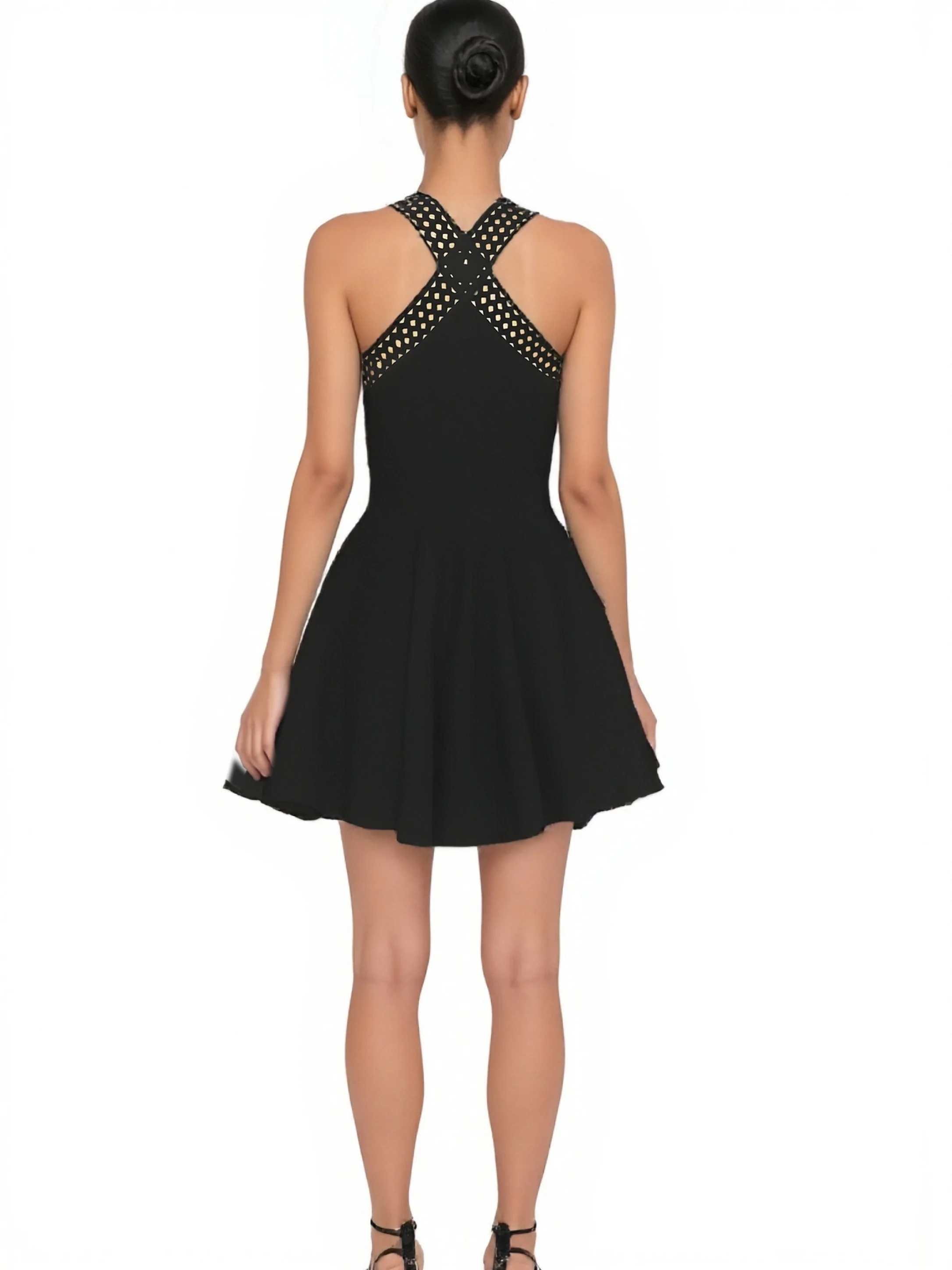 여성용 백리스 블랙 컷아웃 A라인 붕대 드레스 우아한 셀럽 이브닝 파티 카니발 럭셔리 생일 가운