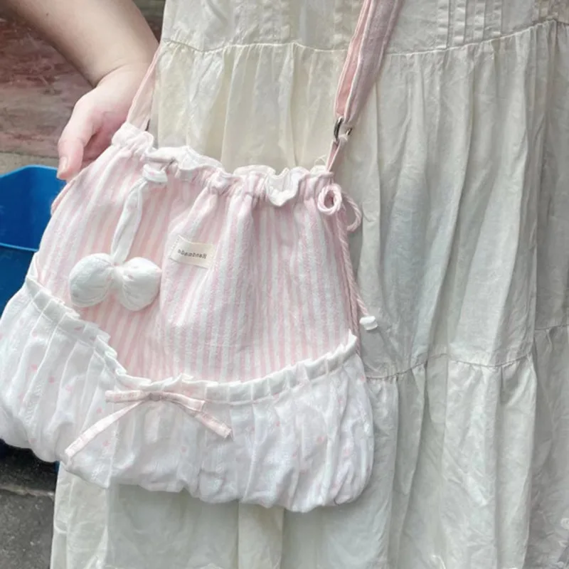 

2025 New Pink Shoulder Bag For Women Striped Sweet Cute Fashion Small Bow Crossbody Bag Soft Designer Korean Elegant Handbag