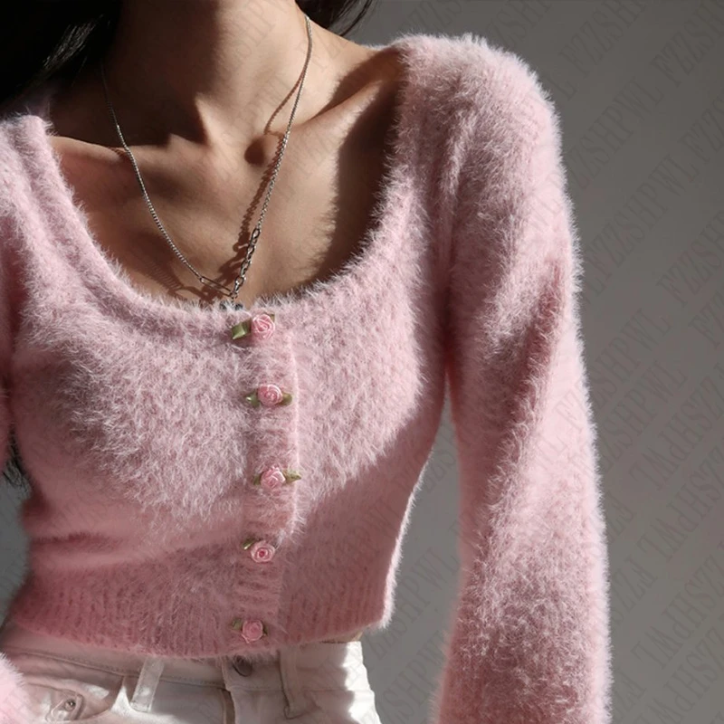 Y2K NEW Mohair Knit Cropped Sexy Cardigan Sweater Women Long Sleeve Warm Button Fluffy Soft Knitwear Pink Autumn Winter Sweater