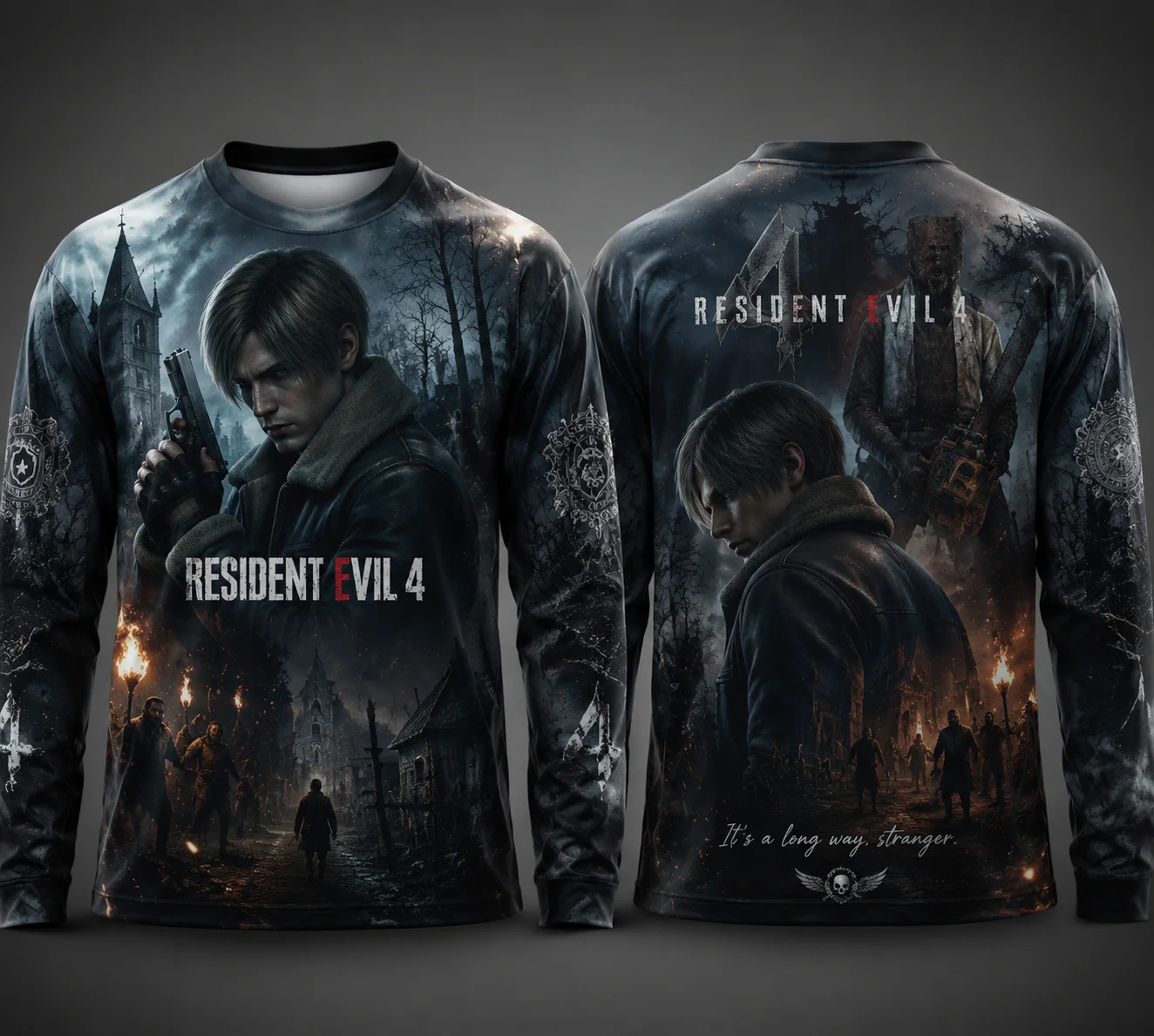 Y2K Resident Evil 4 Leon Cosplay Unisex 3D All Over Print Polyester Long Sleeve Tee, Front & Back Game Graphic for Fans