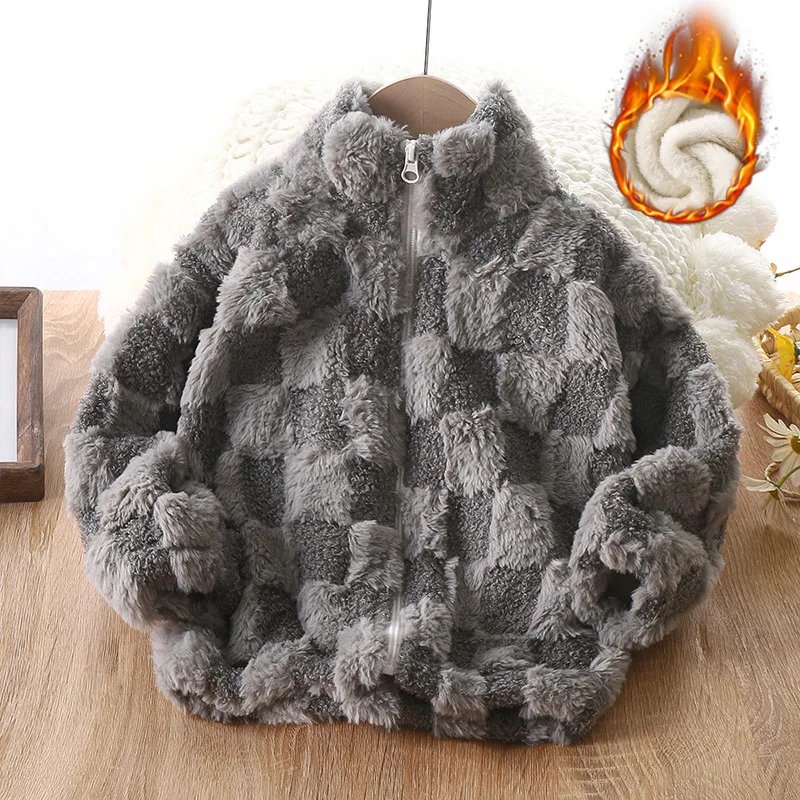 Boys and Girls Autumn and Winter New Checkered Thickened Cardigan Top Stand Up Neck Zipper Coat Windproof and Warm Fashion Coat