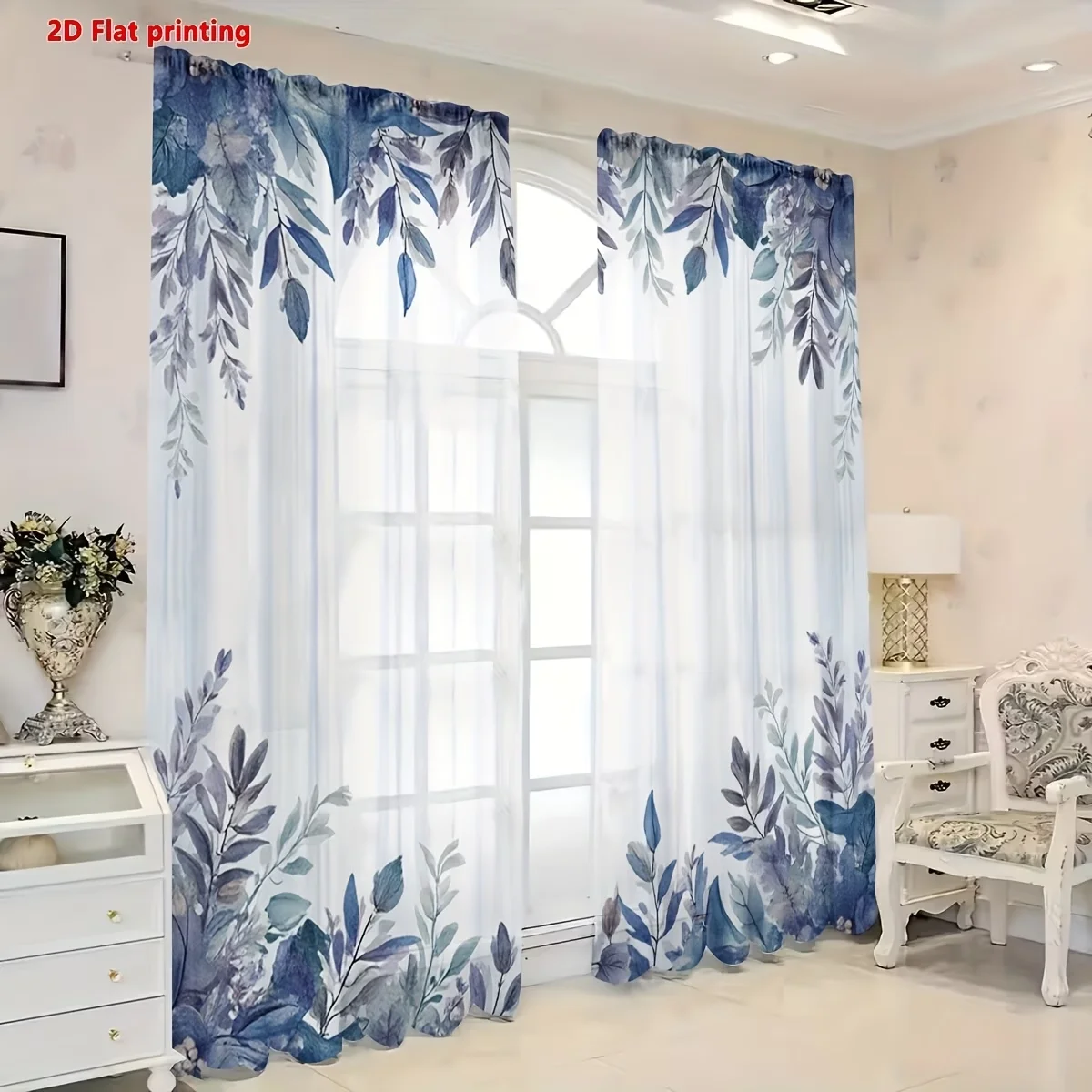2PCS Digital Printed Sheer Curtain, Four Corner Blue Flowers, Border Frame Elegant Floral for Living Room Bedroom Home Decor