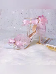 Lolita Sweet Pink Lace Bowknot Rhinestone High Heels Women Shoes Pointed Pearl Tassel Bridal Wedding Shoes Flower Wedding Shoes