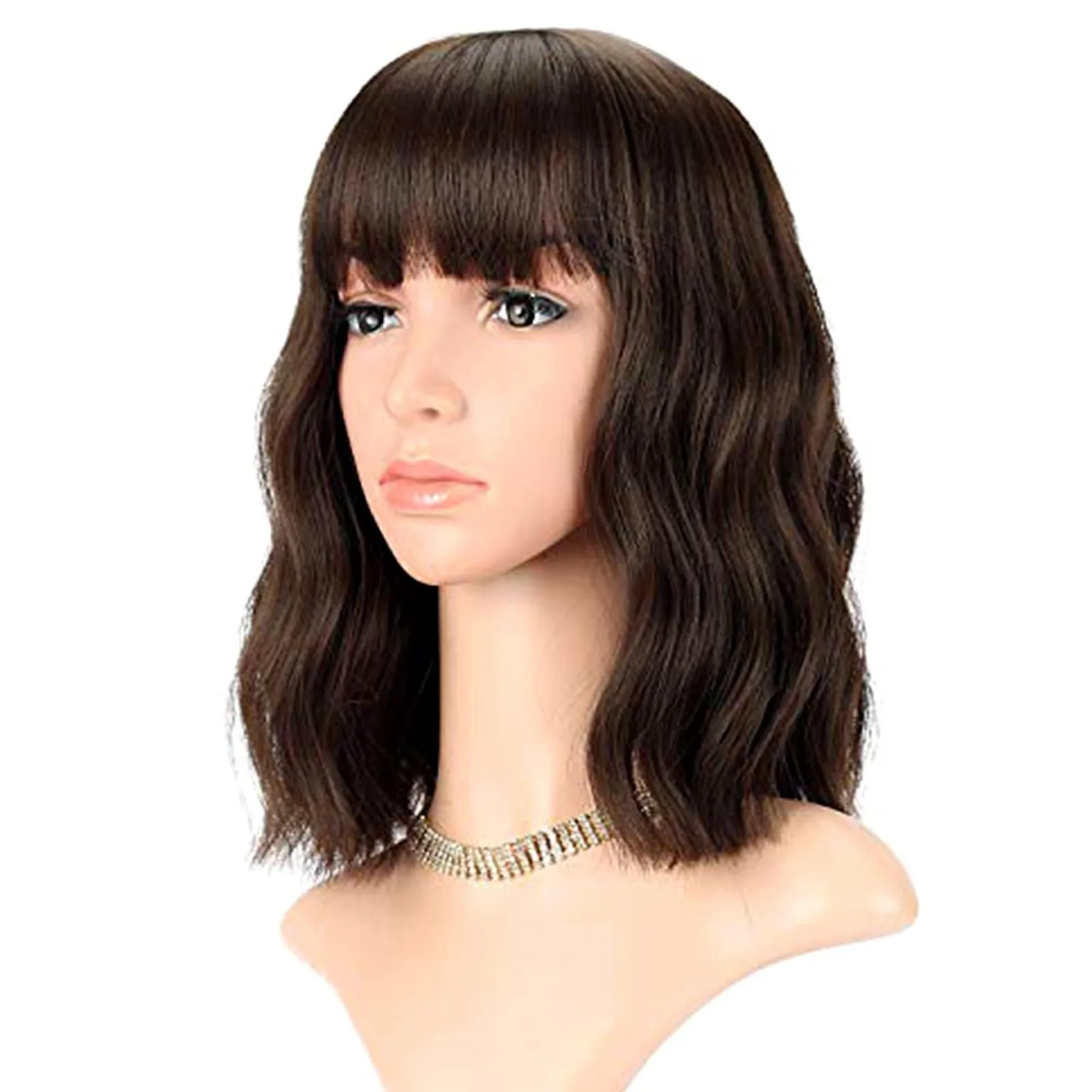 

Short Brown Wigs With Bangs Shoulder Length Wig For Women Curly Wavy Syntheti...