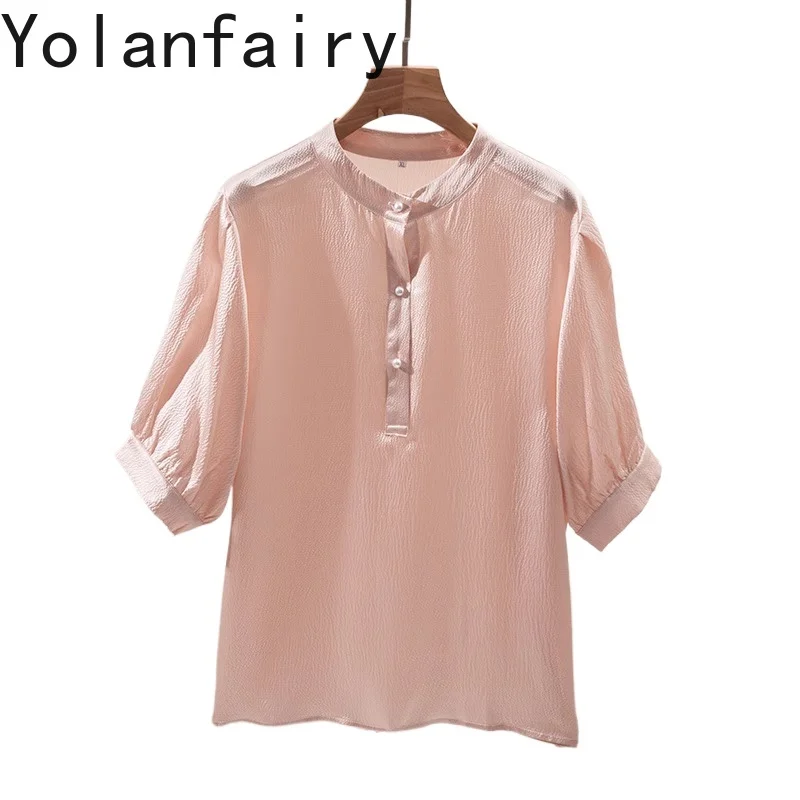 

YOLANFAIRY 100% Natural Mulberry Silk Shirt for Woman 2025 Summer Elegant Short Sleeve Top Satin Pink Shirts Dames Puff Sleeves