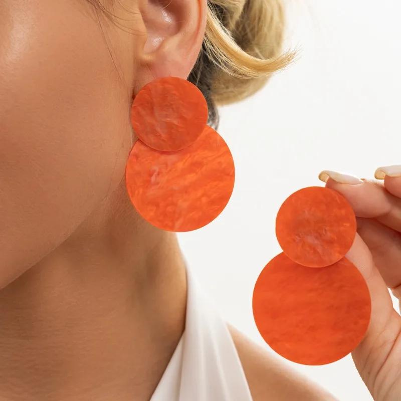 Acetate Two-Tier Round Drop Earrings for Women Marbled Swirl Geometric Circle Statement Stud Earrings Retro Boho Party Jewelry