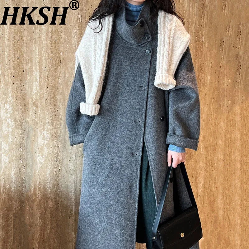

HKSH Autumn Winter New Women Long Double-Sided Woolen Jacket Stand Collar Single Breasted Elegant Tide High-end Overcoat HK13596
