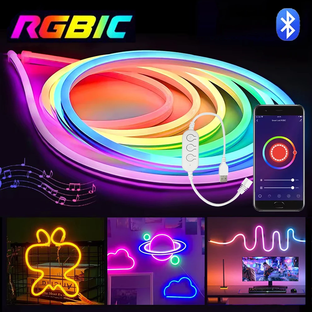 RGBIC Neon LED Strip Lights Dimmable 5V USB Neon Rope Light Music Sync DIY RGBIC Dreamcolor Chasing Strip for Home Decor Light