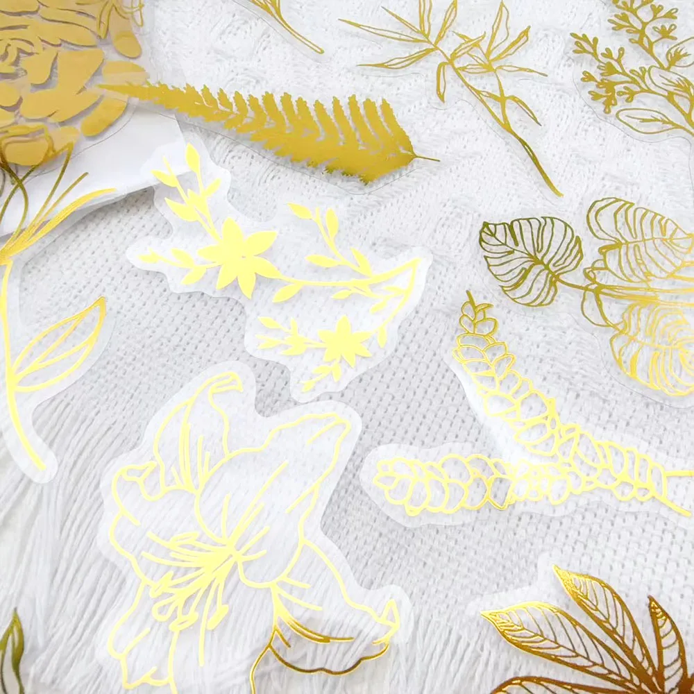 

50pcs Elegant Floral Gold Stamping PET Stickers Decals For Laptop Scrapbook Luggage Guitar DIY Aesthetic Waterproof Stickers