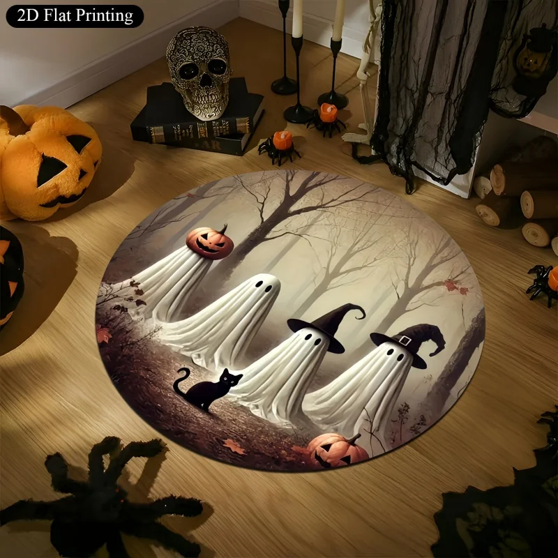 Witch Skull Pumpkin Halloween Round Rug,Cactus Autumn Leaf Printed Circular Floor Mat, Spooky Holiday Indoor Home Decor