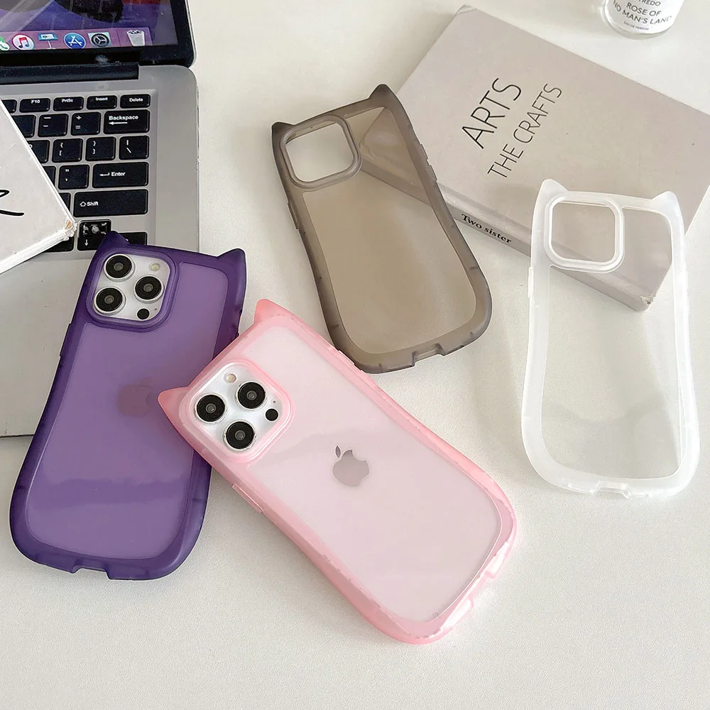 3D Cute Cartoon Cat Ears Funny Phone Case For iPhone 16 15 14 13 12 11 Pro Max Shockproof Cover Transparent Soft Matte Shell - náhled 5