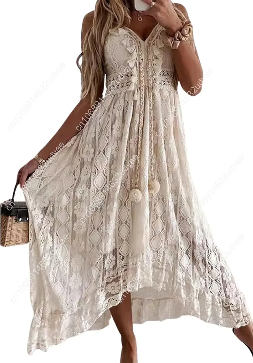 

2025 Summer Dresses Sleeveless Women's Lace Casual Tassel Beach Spaghetti Straps Flowy Maxi Sun Dress