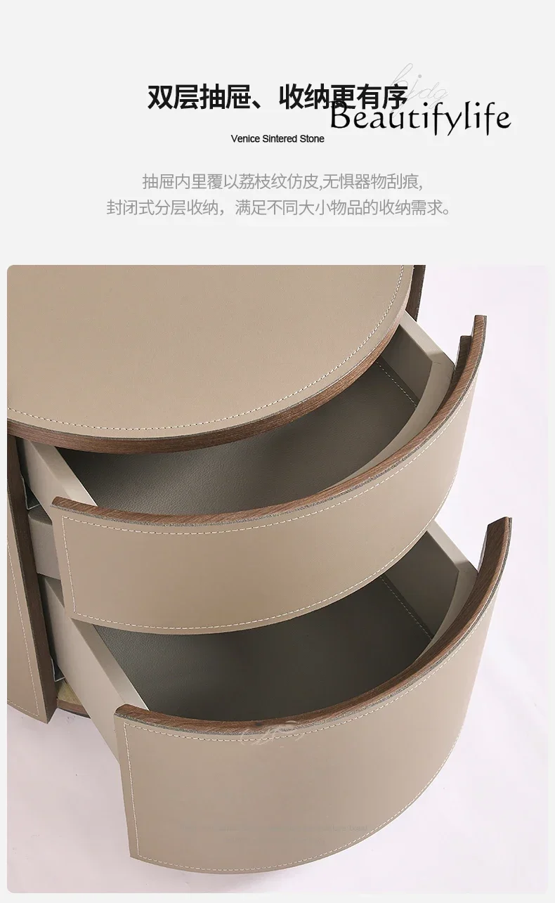 NN W طاولة بجانب السرير مصنوعة من الجلد الإيطالي البسيط بتصميم دائري إبداعي لغرفة النوم وخزانة تخزين فاخرة #5