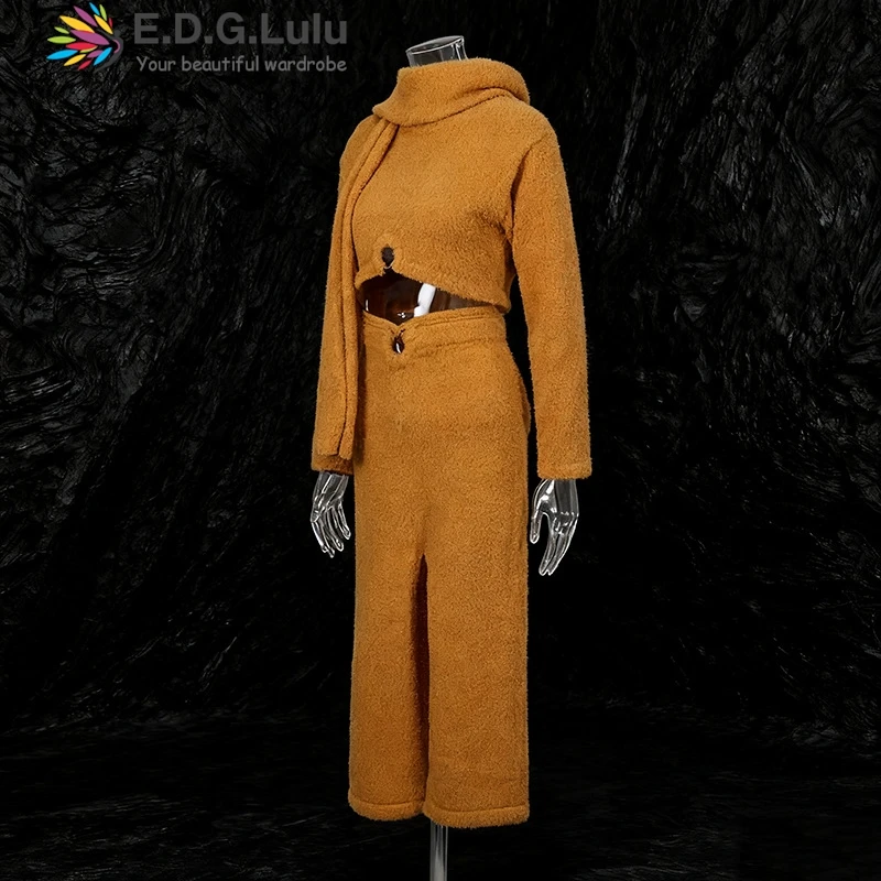 EDGLuLu rétro décontracté 2 pièces ensemble 2025 automne nouveau col rond à manches longues haut court + taille haute fente jupe longue jaune bleu costume 1024