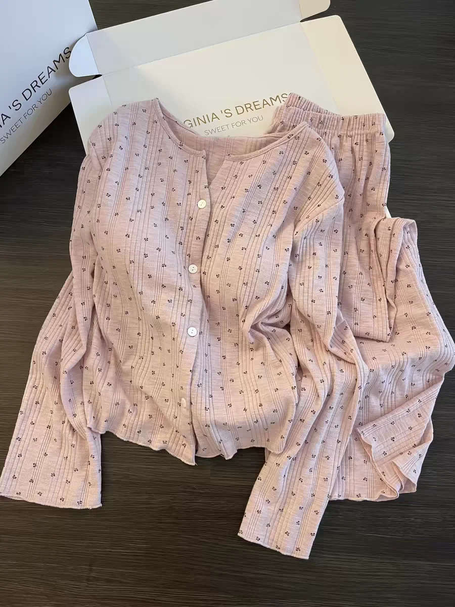 Miss Bunny Sweet Floral Cotton Pink Sleepwear Ladies Casual Home Wear with Chest Pad Two Piece Set Comfortable Loose Fit Long...