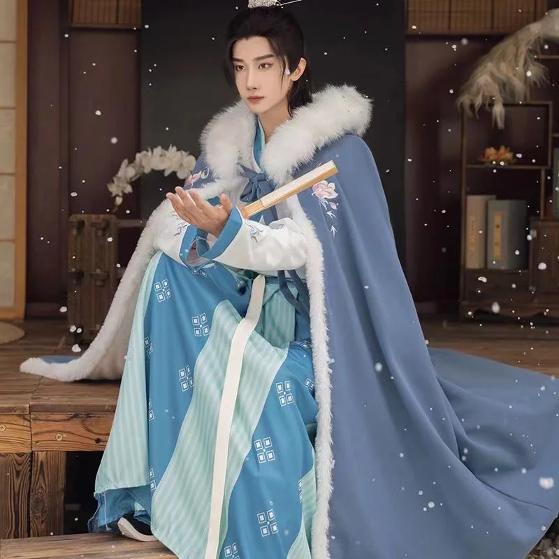 Tradicional vintage inverno dragão hanfu manto grande gola de pele engrossar manto de pelúcia antigo traje das mulheres dos homens roupas cosplay