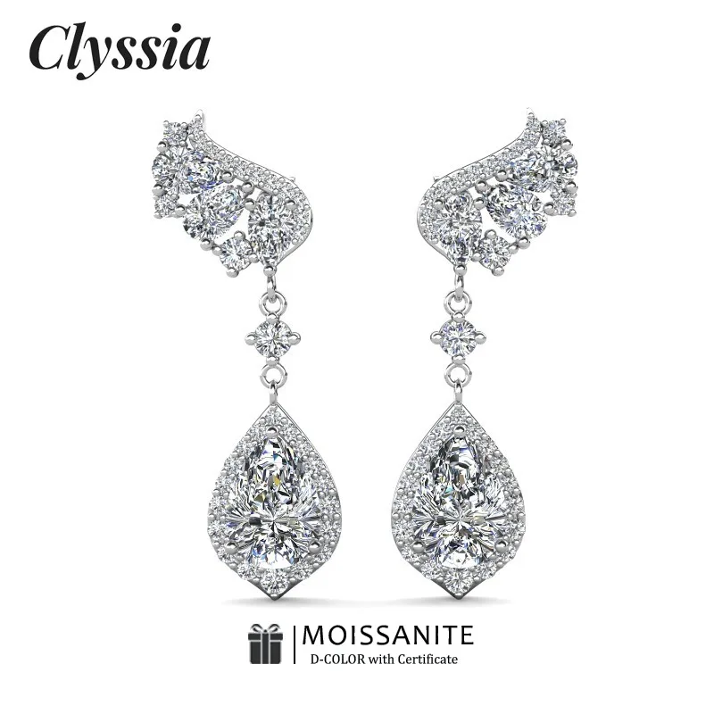 

CLYSSIA 925 Sterling Silver Luxury Moissanite Ear Drops Women Elegant Wedding Jewelry Brilliant Cut Fine Craftsmanship with GRA