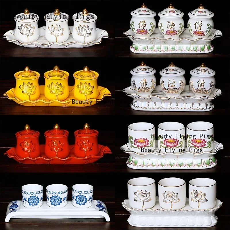 Chinese ceramic Guanyin water supply cup, three supply cups, Buddha cup offering ornaments feng shui  Buddhism