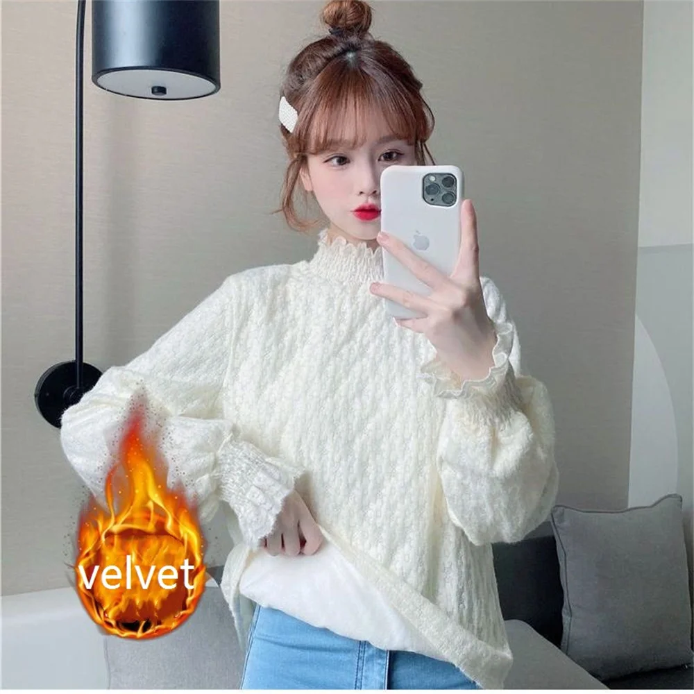 With velvet women long sleeve Women Blouse Autumn Winter Lace Long Sleeve Shirt Top Shirt Women Blusas Ropa De Mujer