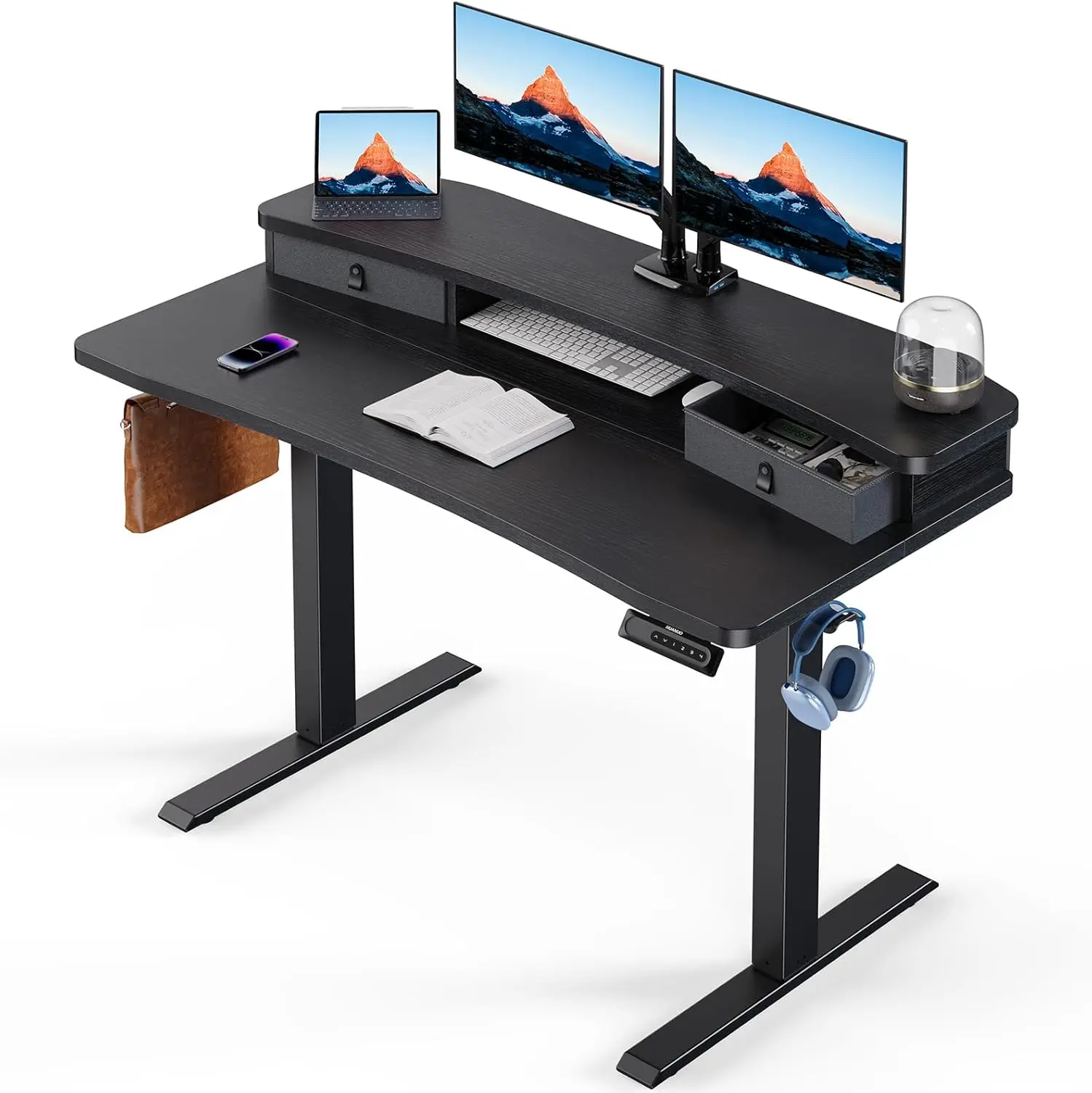 

48" x 24" Electric Standing Desk with Drawers, Height Adjustable, C-Clamp Compatible, 4 Presets & Hooks, Black