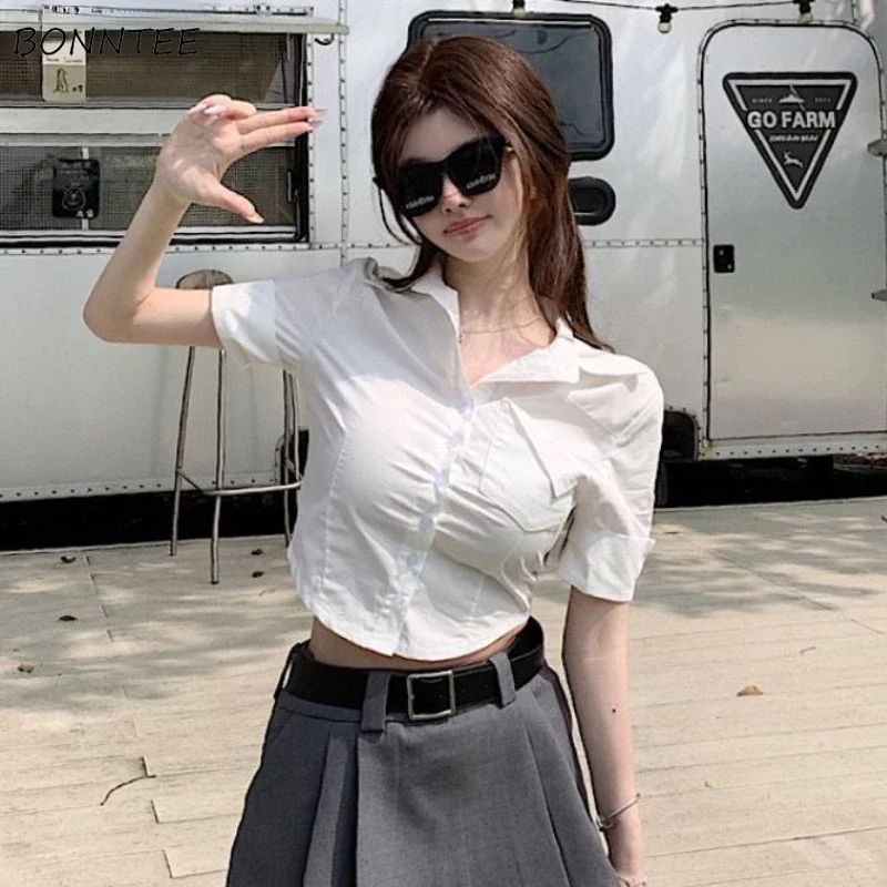 Shirts Women Preppy Style Fashion Sweet Girls Sexy Summer New Designed All-match Turn-down Collar Graceful Simple Cropped Slim