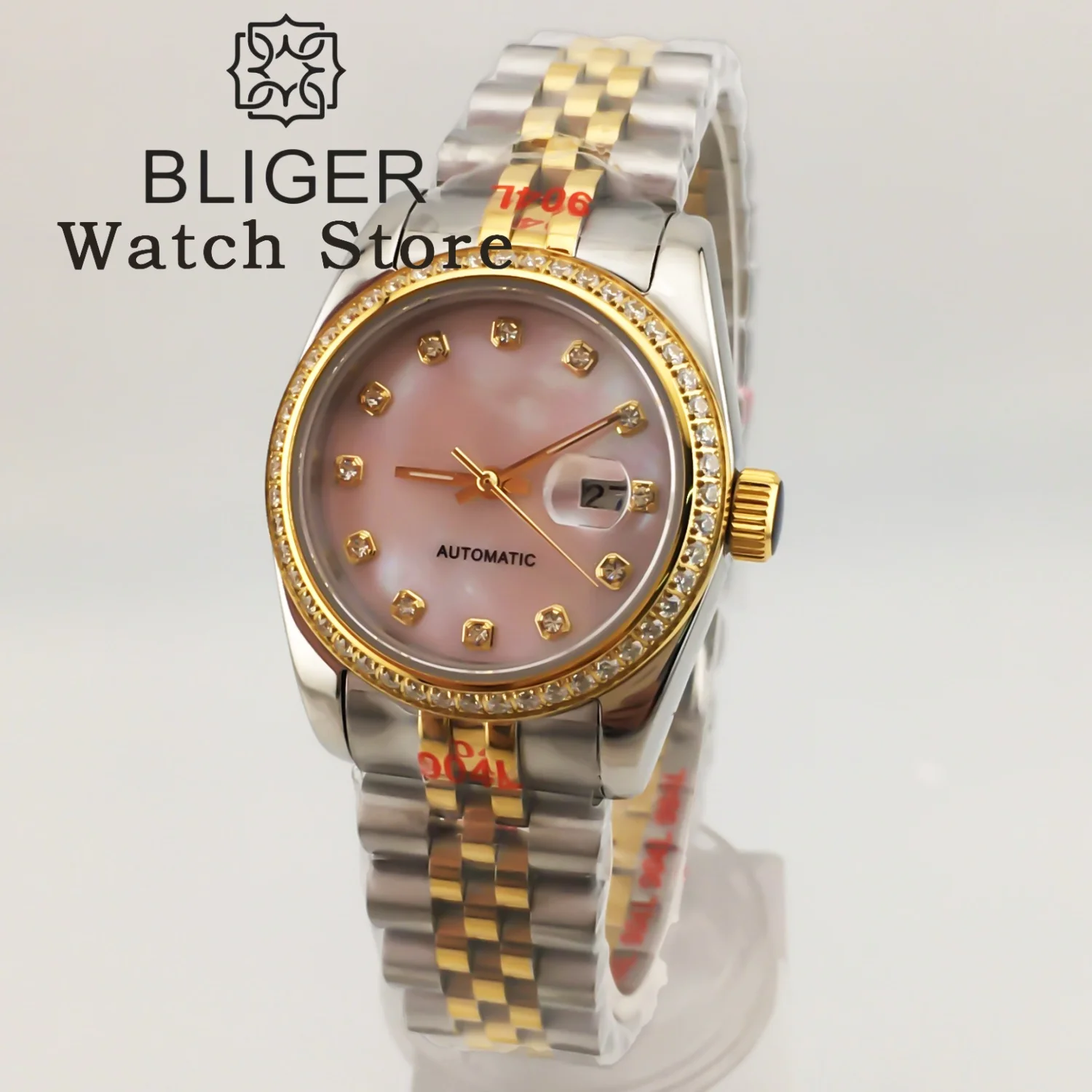 BLIGER 31mm NH05 Luxury Women Automatic Watch Two Tone Gold Bracelet Diamond Bezel Sapphire Pink Mother Pearl Dial Waterproof