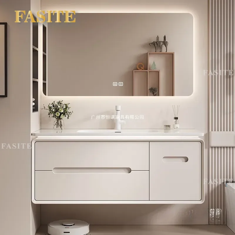 For Light Luxury Cream Style Bathroom Cabinet with Ceramic Integrated Basin and Smart Mirror Modern Vanity Unit Space Saving