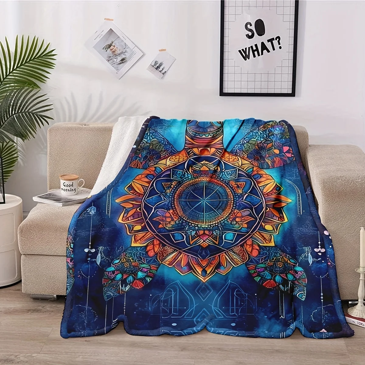 

Mandala Turtle Blanket - Soft Home Throw for Room Decor, Unique Gift Idea, Vibrant Sea Life with Spiritual Patterns Design