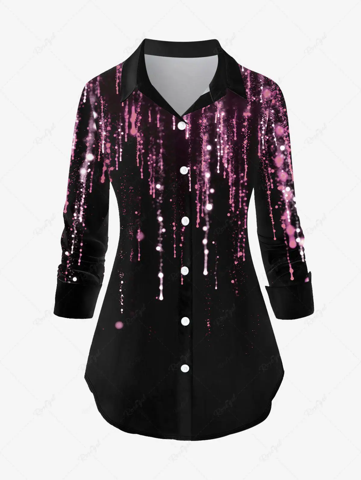 Plus Size Ladies Light Beam Sparkling Printed Lapel Long Sleeves Shirt Or Mid High Stretch Leggings, Daily Casual Matching Set