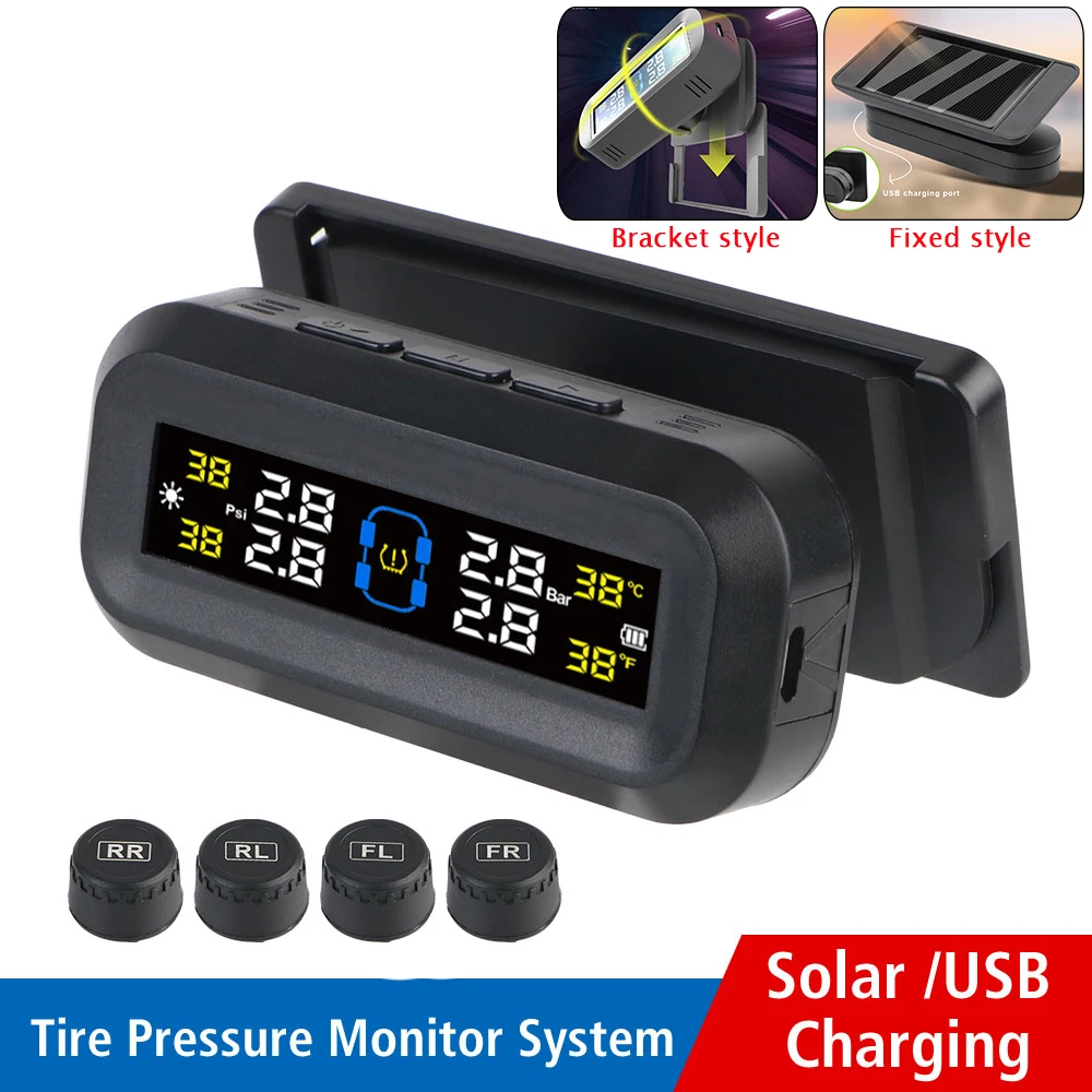 Car Tyre Pressure Monitor Tire Pressure Monitoring System Temperature Warning Fuel Save Solar TPMS With 4 External Sensors