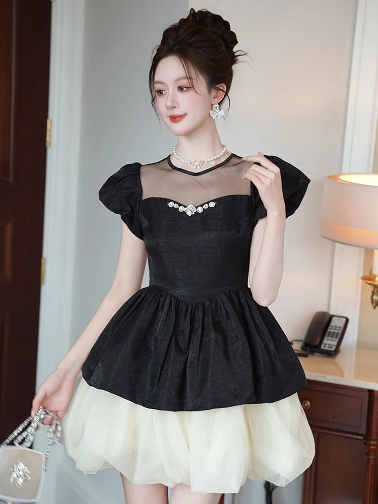 น่ารัก Kawaii สีดําชุดวันเกิดผู้หญิงสไตล์ฝรั่งเศสชุดเค้กผู้หญิง SHEER ตาข่าย Splice ชุดเจ้าหญิง Lady PROM Vestidos