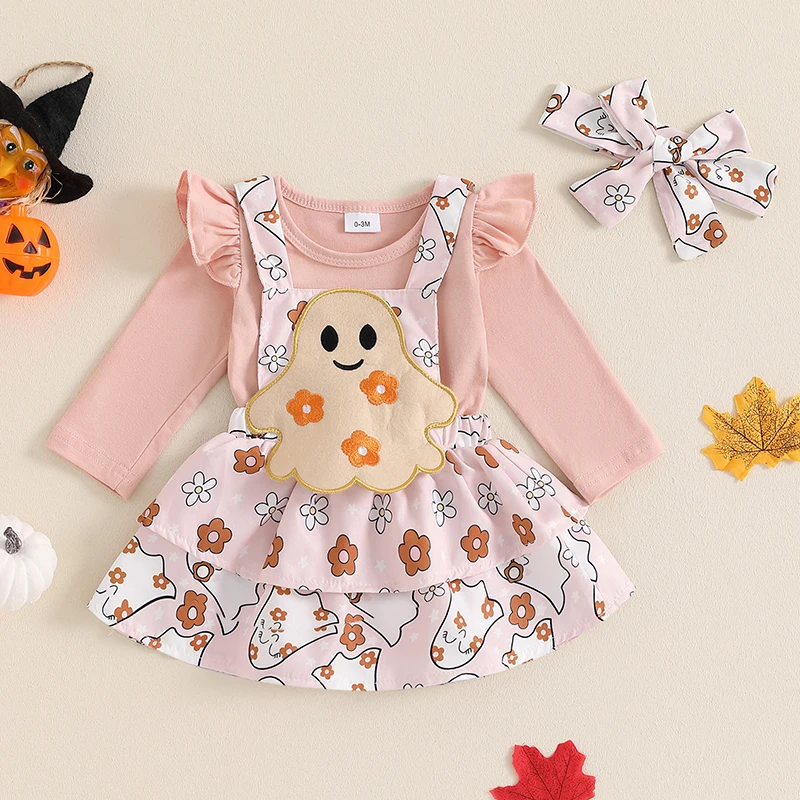 0-18M Baby Girl Halloween 3Pcs Clothes Set Ruffle Long Sleeve Romper Pumpkin Ghost Bat Print Overall Dress and Headband Outfit