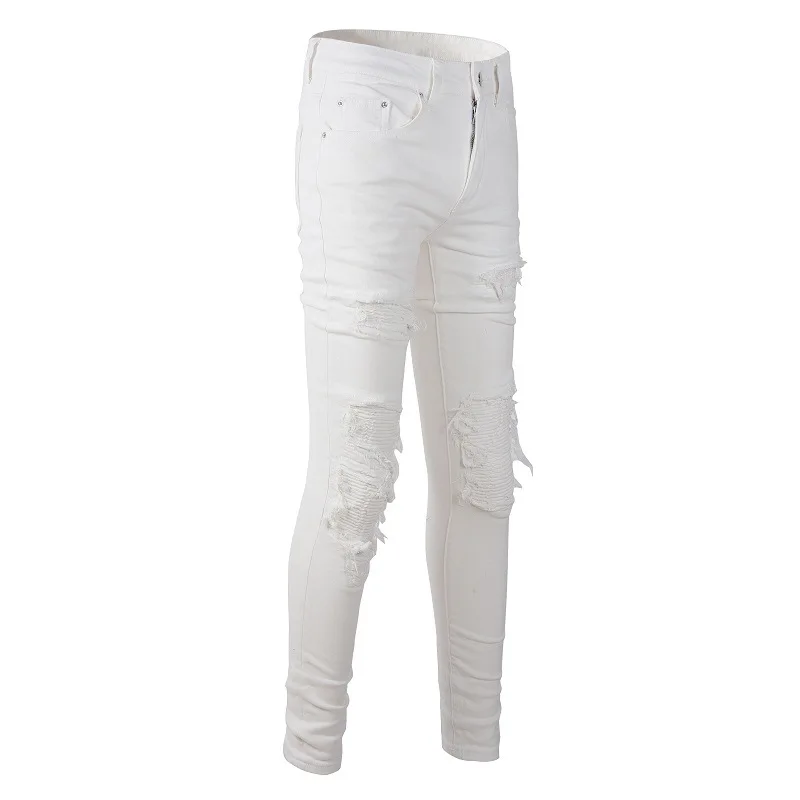 Sokotoo Herren Weiße Stretch-Biker-Jeans mit Rissen, Slim Fit, Plissiert, Patchwork-Denim-Hose, Großhandel, Dropshipping – Detail 4
