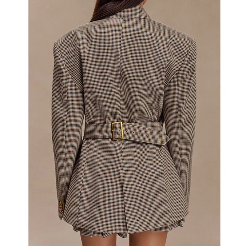 Fashion Khaki Plaid Suit Coat Woman V Neck Lapel Long Sleeve Belt Slim Button Jacket Commute Charm Office Street Lady Outercoat