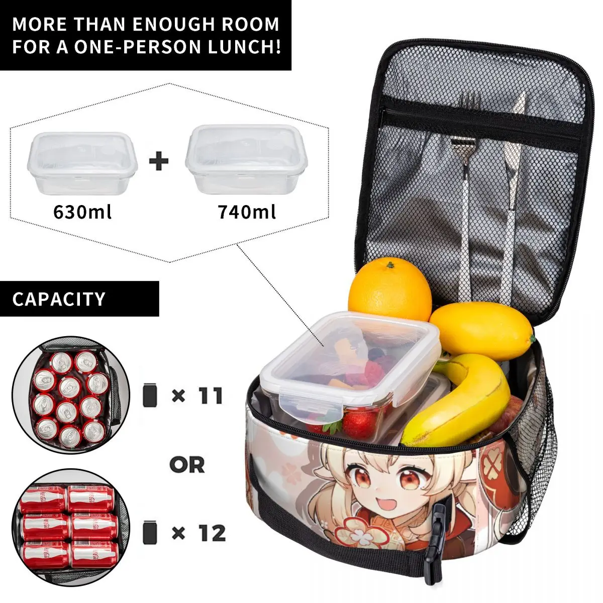 Genshin Impact Klee Insulated Lunch Bags for Camping Travel Anime Game Waterproof Cooler Thermal Bento Box Women Kids