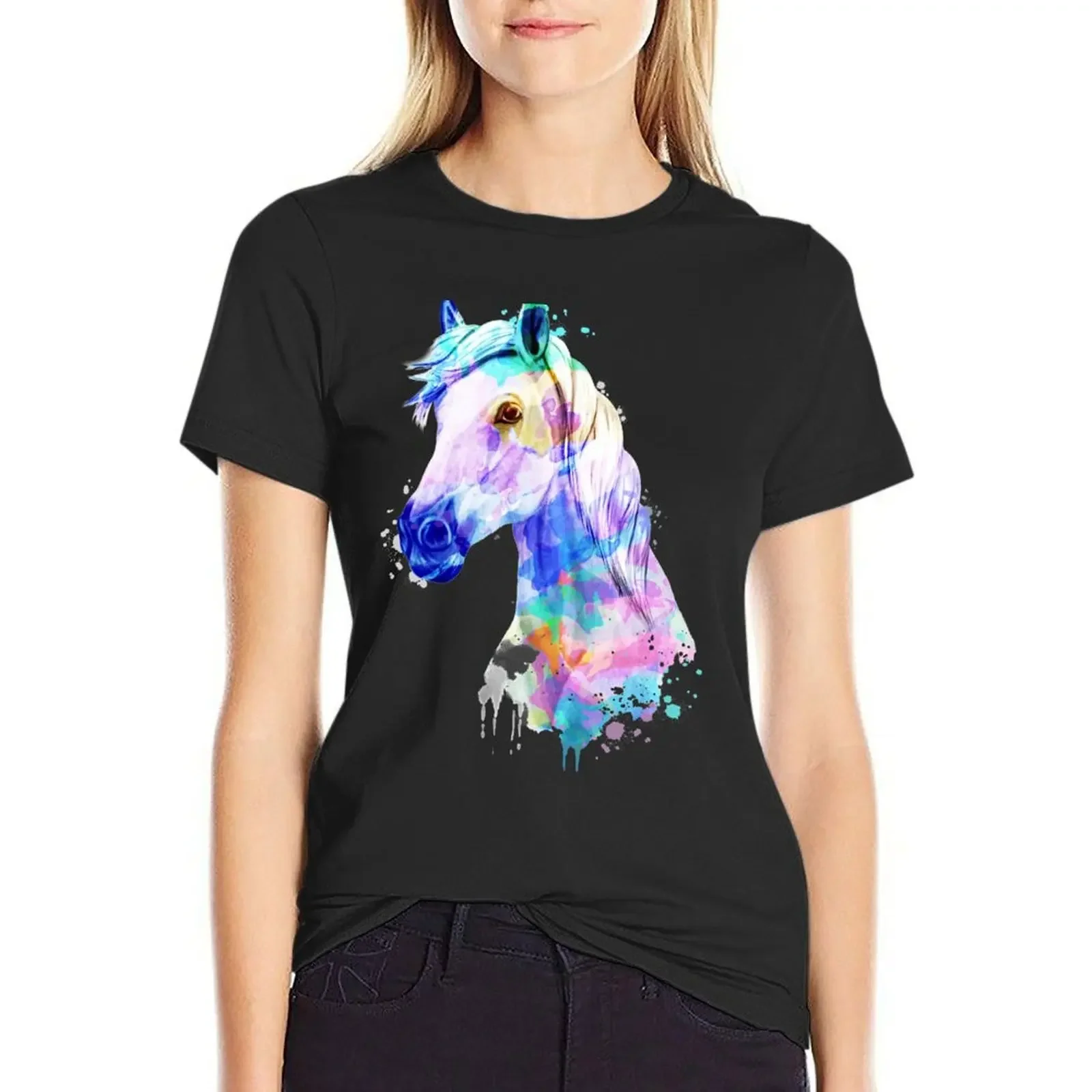 

Horse Watercolor Painting, Watercolor Horse, Horse art, Horse Portrait T-shirt summer tops Aesthetic clothing woman t shirt