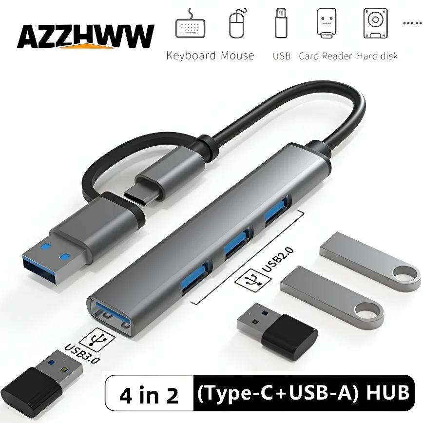 4-IN-2 USB 3.0 Hub Type-C Hub USB 3.0+2.0 Splitter Expander High-Speed Data Transfer for PC Laptop Flash Drive Mobile HDD etc.