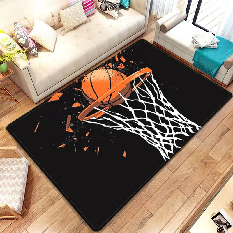 Modern Basketball Sports Rug Carpet Mat Black Orange Design NBA Decor Accent Floor Runner Living Room Game Day Area Rug