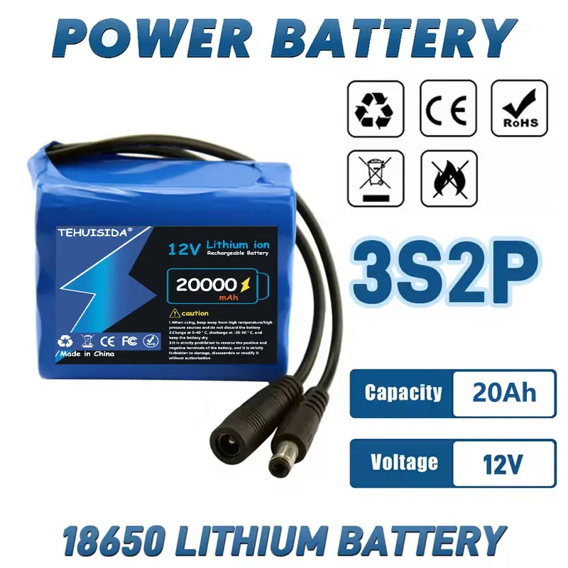 18650 Rechargeable Lithium Battery 12V 20Ah 3S2P, with BMS 12.6V Headlight Charger, Solar Light Large Capacity Battery