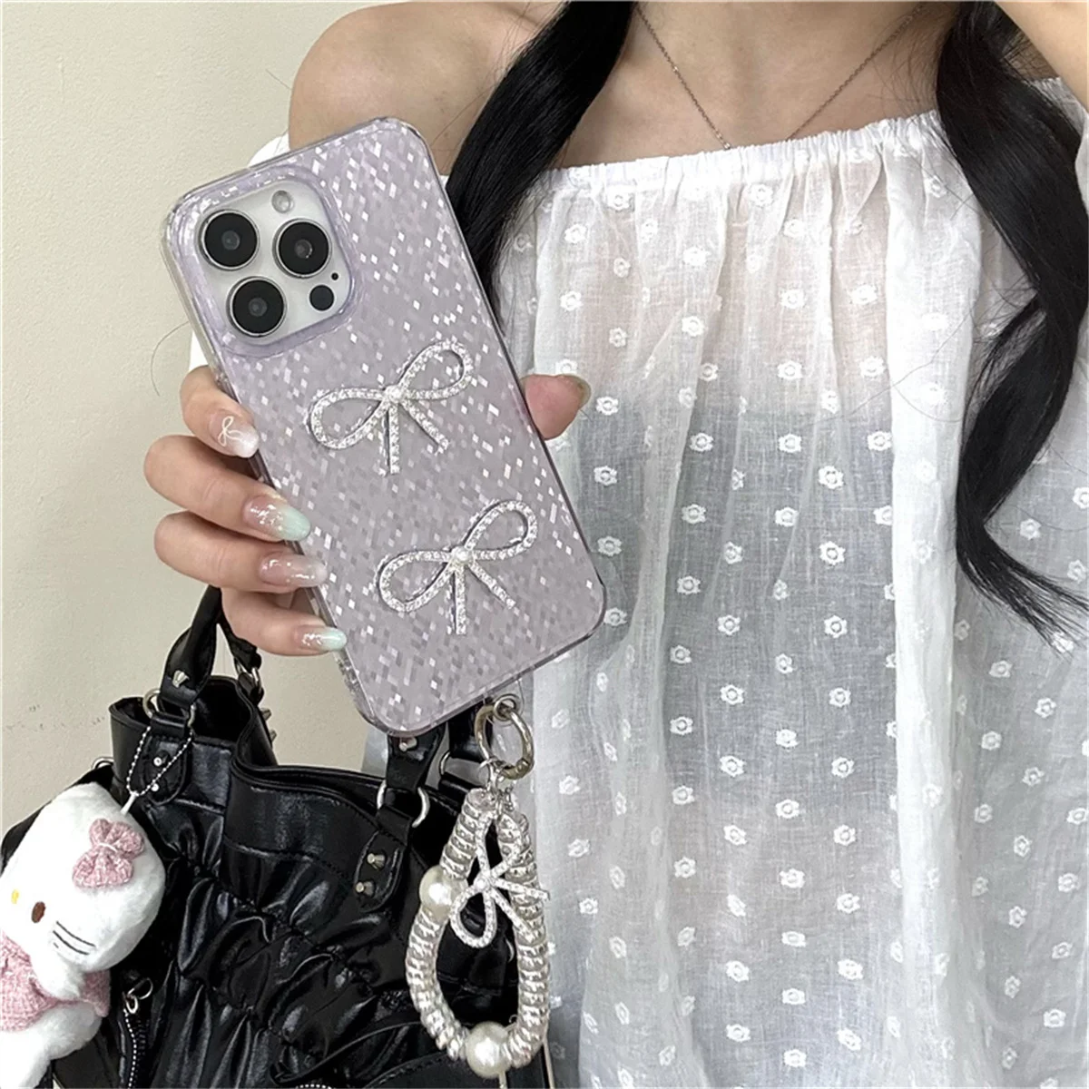 Coreano ins glitter bonito bowknot caso de telefone para iphone 16 pro 15 14 13 pro max capa com alça de corrente casos protetores