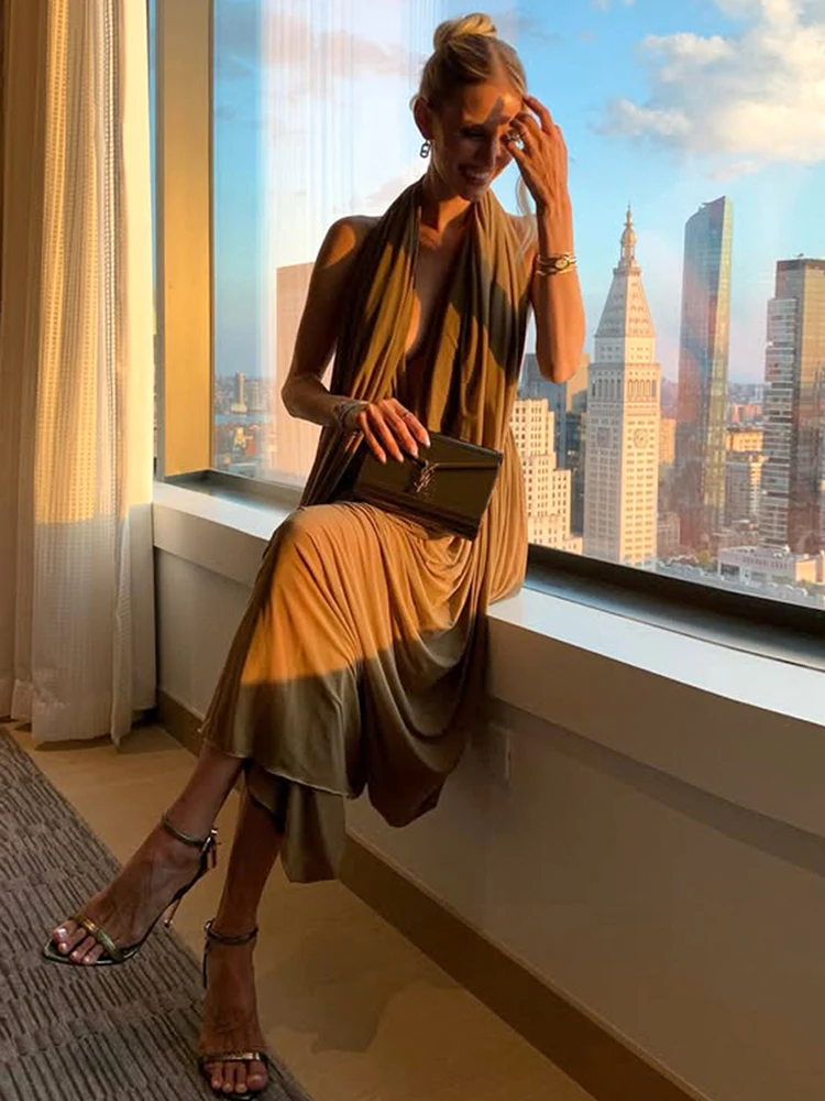 Sisterlinda Coquette Ruched Halter Dress Women Deep v-Neck Backless Sleeveless Sexy Elegant Prom Cocktail Party Stretch Bodycon