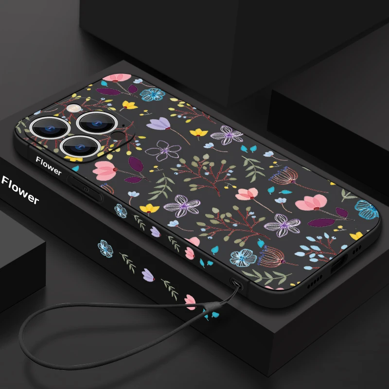 Luxury Small Flower Buds Lanyard Case For iPhone 15 Pro Max Coque iPhone 11 12 13 14 Pro Max 16 SE 2 2022 Soft Silicone Cover