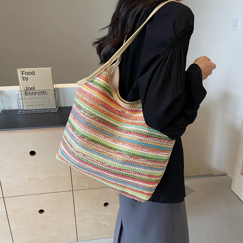 LEFTSIDE Big Striped Straw Bags for Women 2024 Y2K Fashion Summer Shoulder Bags Handbags and Purses Weave Beach Underarm Bag