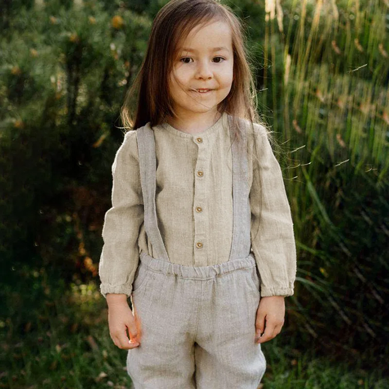 

Children Girls Clothes Set 2025 Autumn Solid Color Retro Toddler Kids Girls Blouses Simple Little Girls Casual Strappy Pants