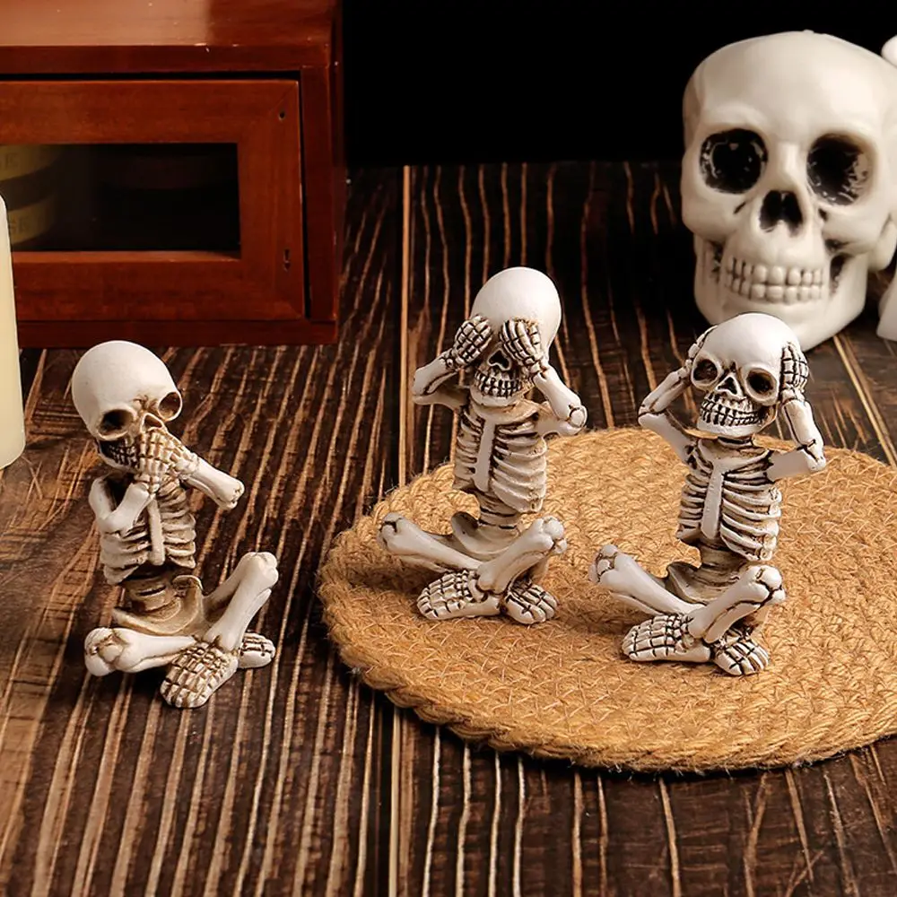 3pcs Scary Halloween Skull Sculpture Resin Funny Sitting Skeleton Statue Don't Listen Don't Look Don't Speak Exquisite