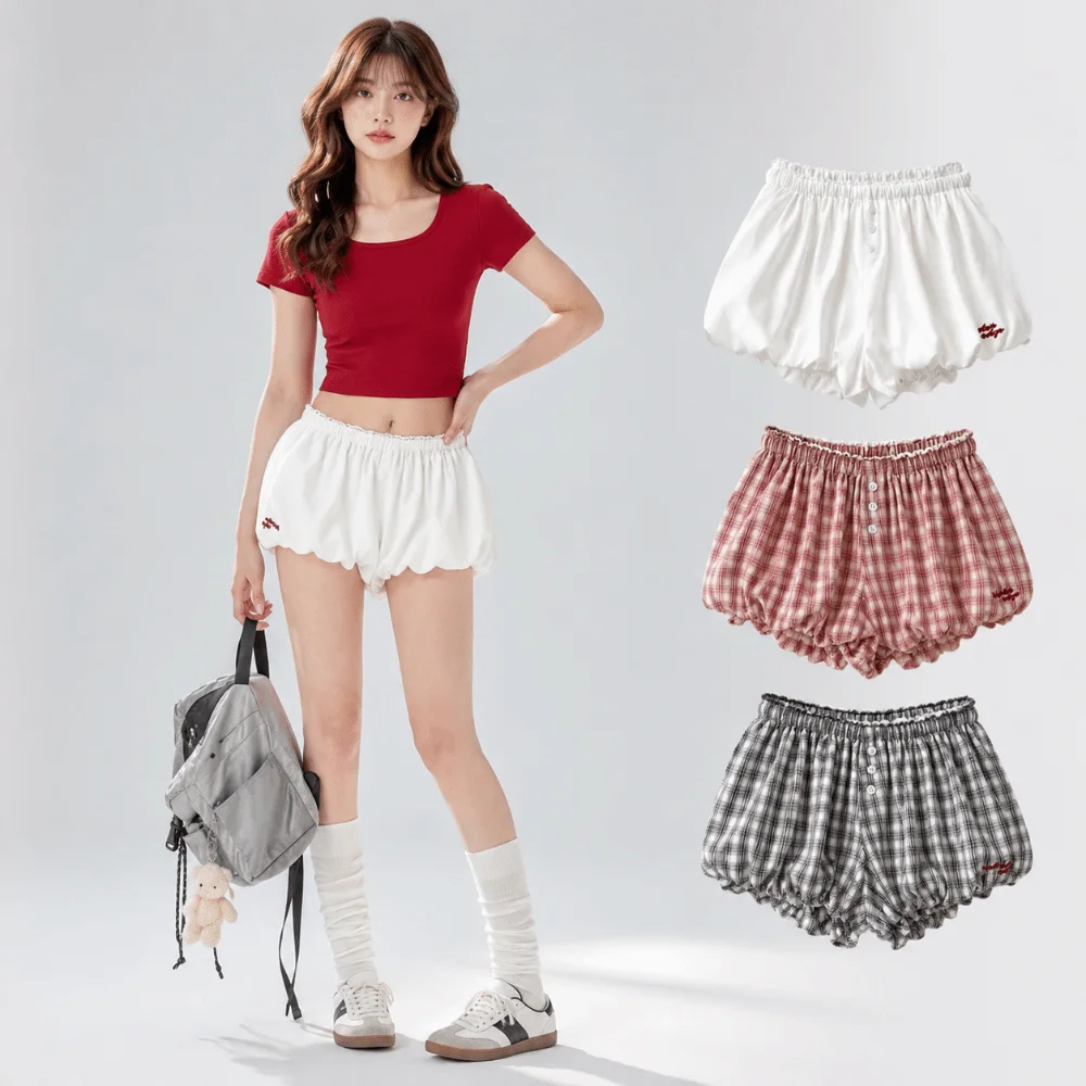 Y2k Retro Plaid Shorts Korean Chic Sweet Style Elastic Waist Shorts Vintage Design Versatile Fit Bubble Shorts Women's Fashion