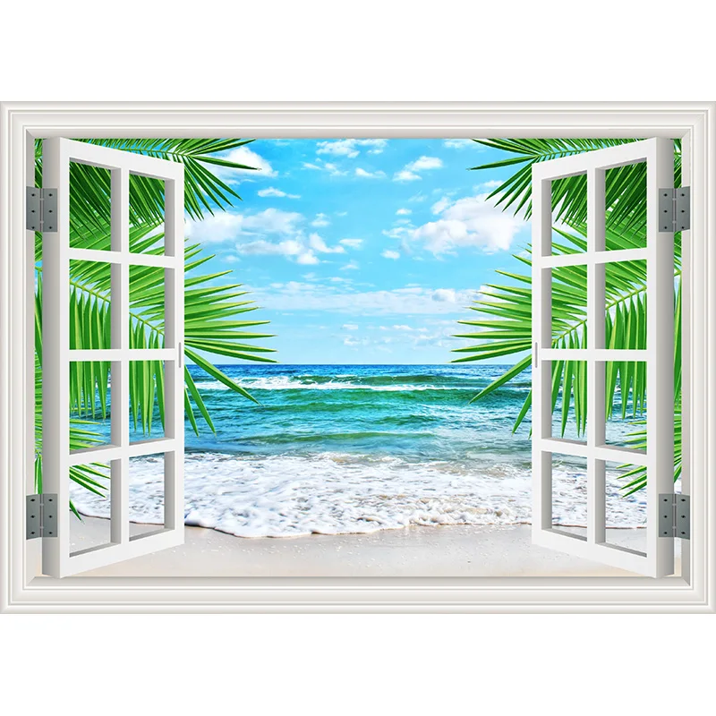 SHENGYONGBAO Window Beach Coconut Tree Photography Backdrops Props Scenery Mall Indoor Decoration Photo Studio Background HH-15