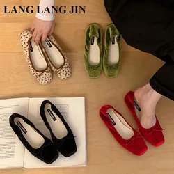 Women Flats Ballet Slip On Flat Square Toe Boat Shoe Sweet Bow Ballerina Soft Casual Moccasins Female Dress Shoe Autumn Footwear
