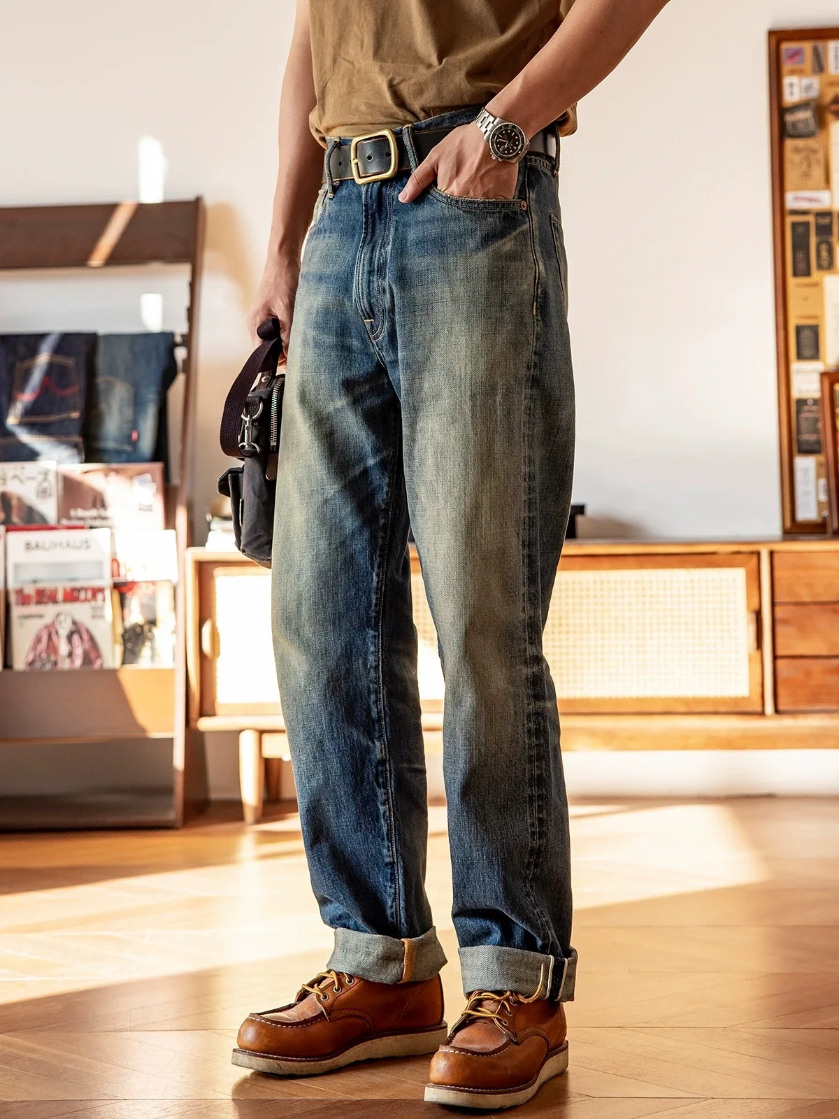 55501-0004B Red Tornado Good Quality Washed Slim Fitting Denim Pants 100% Cotton Heavy Thick Jean 14oz