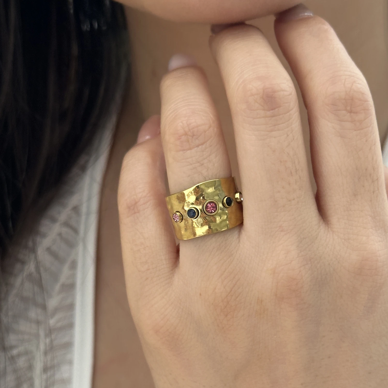 Stainless Steel Wide Face Colorful Zircon Open Ring for Women Trendy Hammered Texture Stackable Party Jewelry Gift